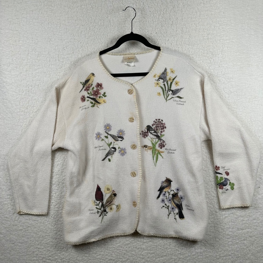 Artisans Womens Cream Bird Print Fleece Cardigan Large Birdwatcher Cottagecore